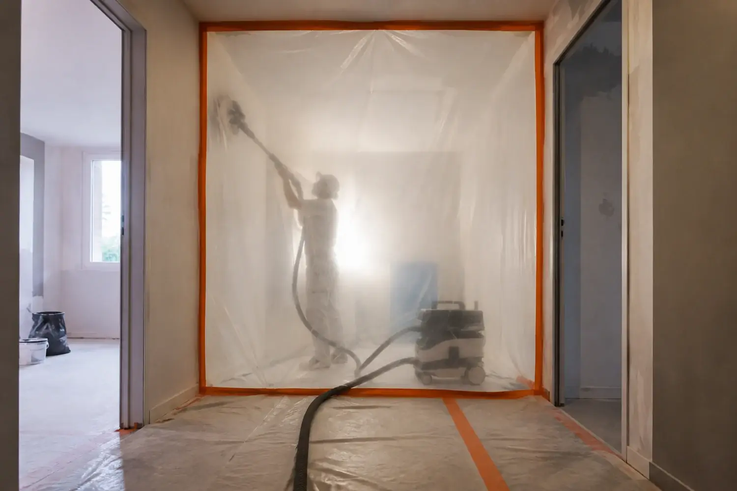 Pièce fermée par une bâche plastique scotchée sur tout son pourtour, ponçage en cours à la girafe raccordée à un aspirateur