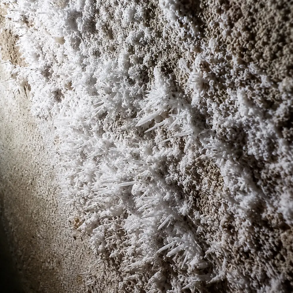 Gros plan d'une efflorescence de salpêtre : des cristaux blancs en aiguilles, en relief sur l'enduit