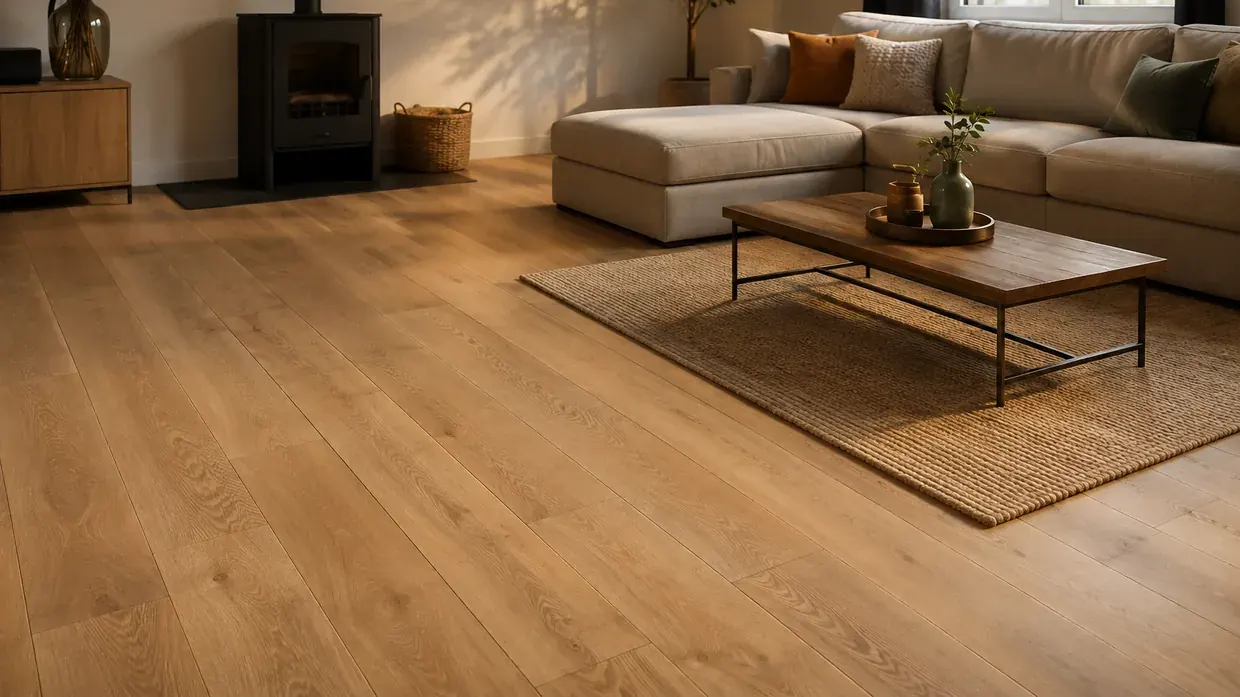 Vue d'illustration : séjour meublé au sol à décor chêne clair posé en lames droites, poêle à bois et tapis en fibre naturelle