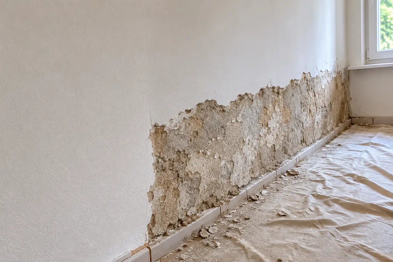 Bas de mur décroûté jusqu'au support, gravats au sol sur une bâche de protection