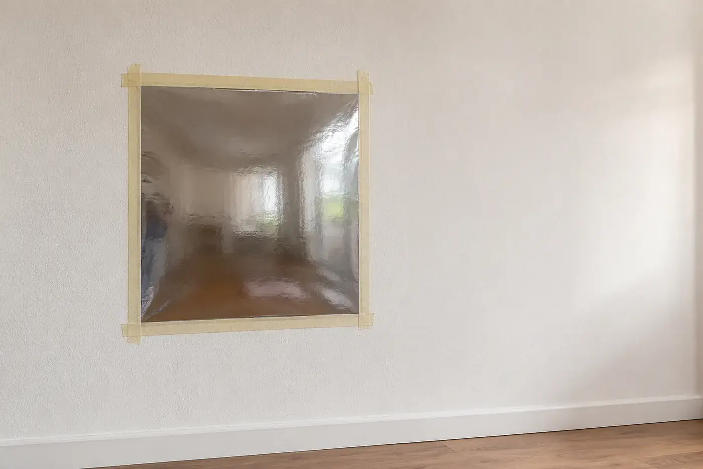 Carré de papier d'aluminium scotché sur ses quatre côtés contre un mur, avec du ruban de peintre
